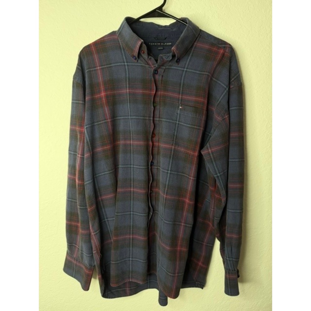 Tommy Hilfiger Mens XL Plaid Button Down Shirt Navy Blue Red Long Sleeve Twill